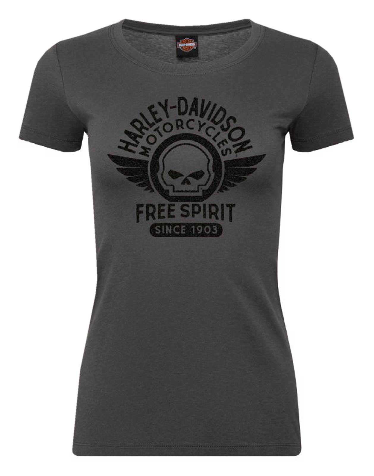 Harley-Davidson Women's Glittery Skully Crew-Neck Short Sleeve Tee, Dark Gray - Wisconsin Harley-Davidson