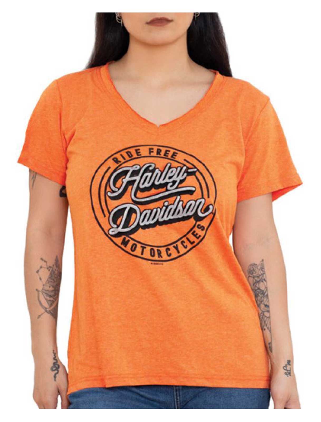 Harley-Davidson Women's Heavy Script Bling V-Neck Short Sleeve Tee, Orange - Wisconsin Harley-Davidson