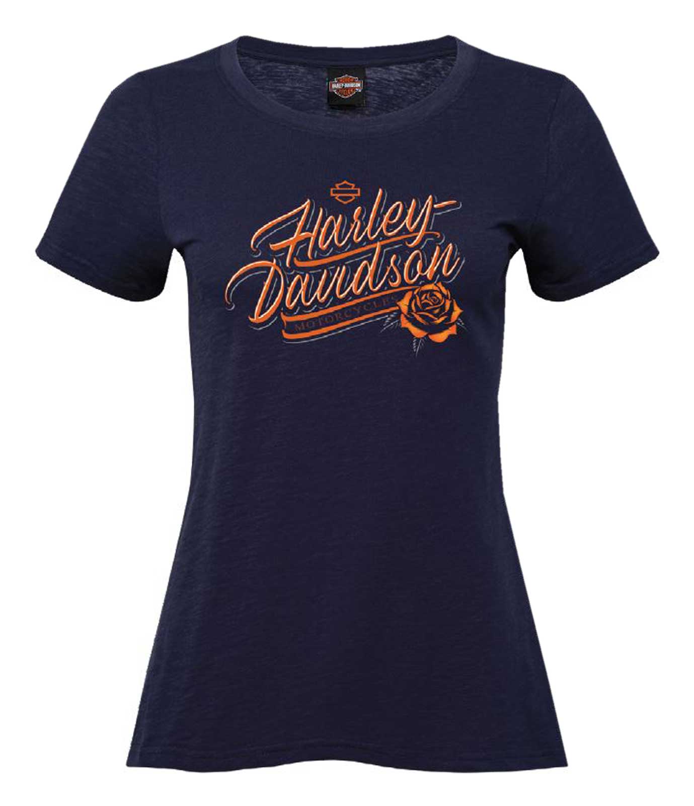 Harley-Davidson Women's Rosebud Foil Scoop Neck Short Sleeve Tee, Indigo - Wisconsin Harley-Davidson