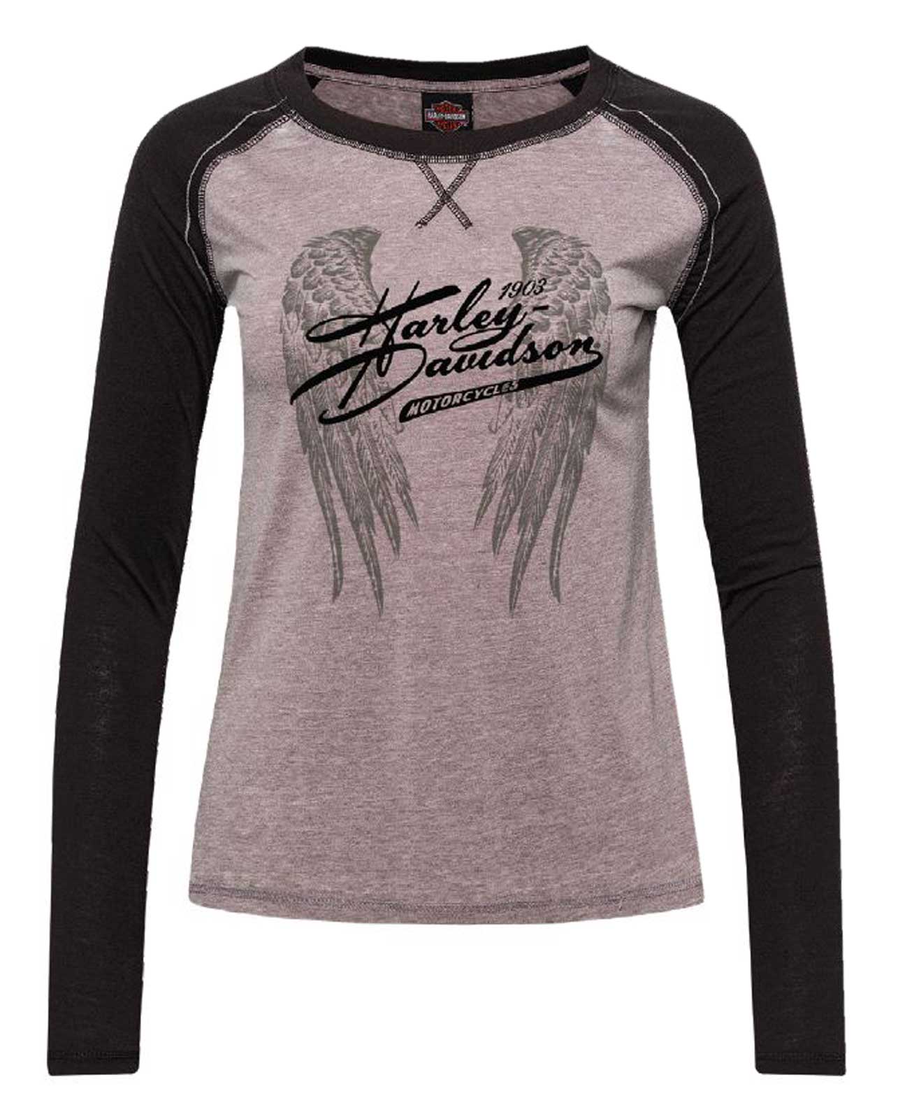 Harley-Davidson Women's Titanium Curved Hem Long Sleeve Raglan Tee, Gray/Black - Wisconsin Harley-Davidson