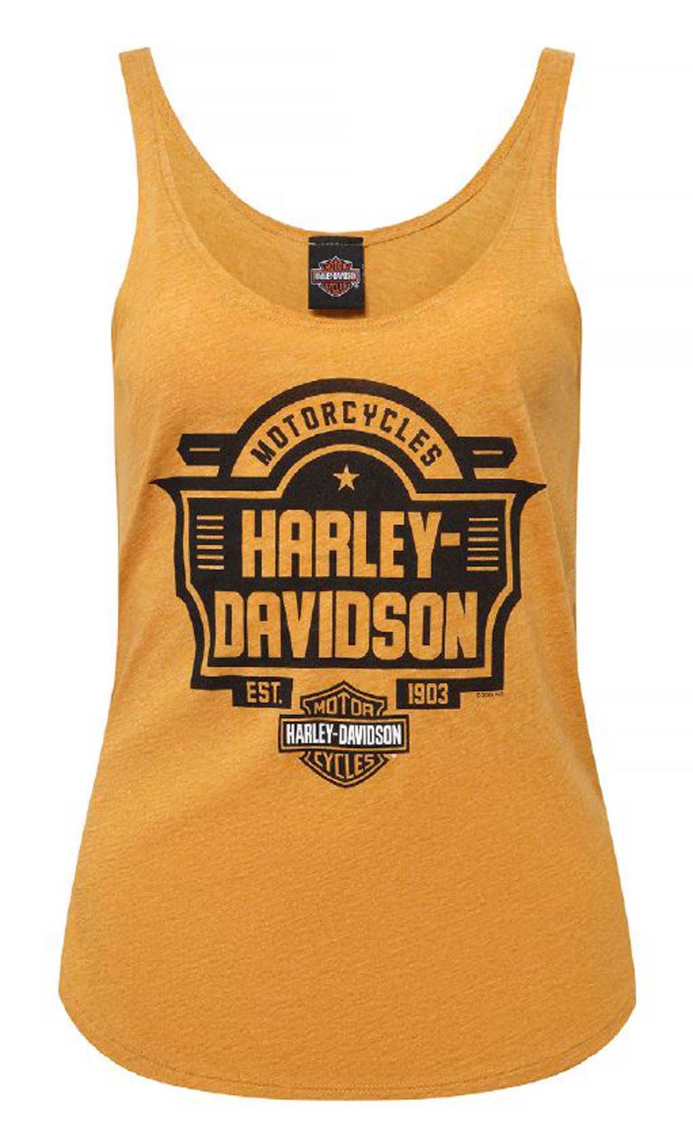 Harley-Davidson Women's Empire Sleeveless Fullback Curved Hem Tank Top, Gold - Wisconsin Harley-Davidson