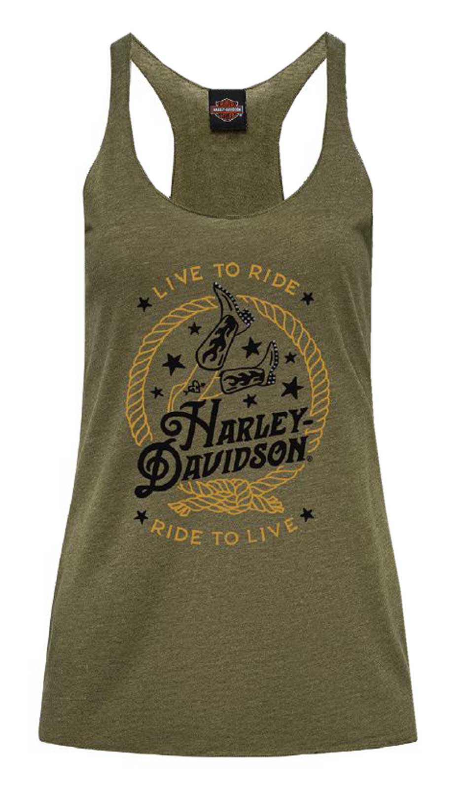 Harley-Davidson Women's Yee Haw Rhinestone Sleeveless Racerback Tank Top, Green - Wisconsin Harley-Davidson