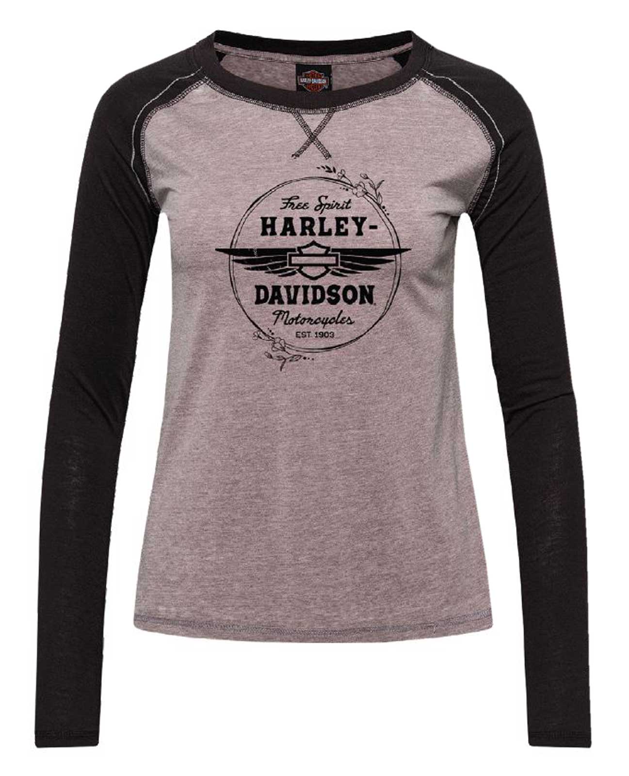 Harley-Davidson Women's Entwine Long Sleeve Raglan Poly-Blend Tee, Gray/Black - Wisconsin Harley-Davidson