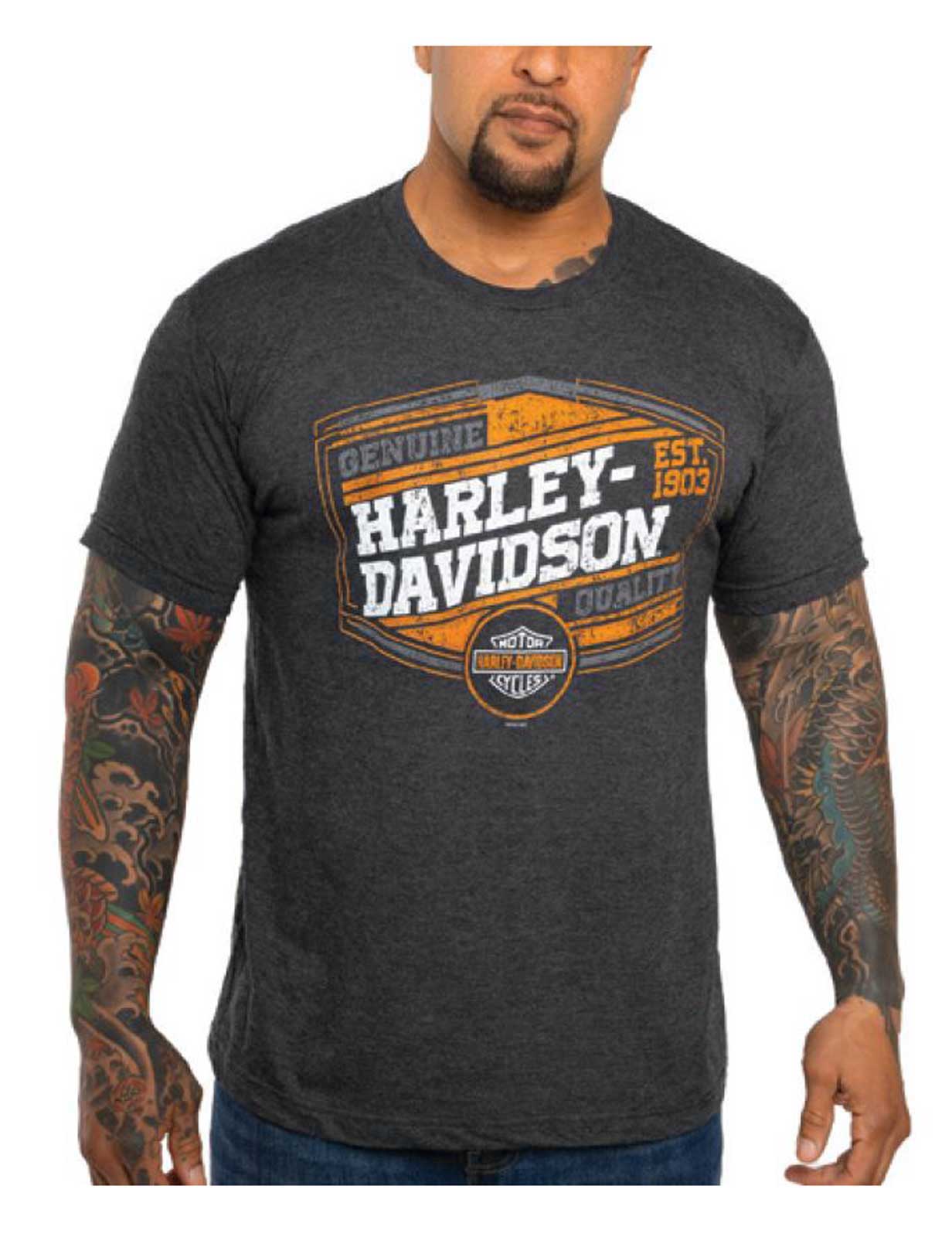 Harley-Davidson Men's Grim Badge Short Sleeve Poly-Blend Tee, Graphite Heather - Wisconsin Harley-Davidson