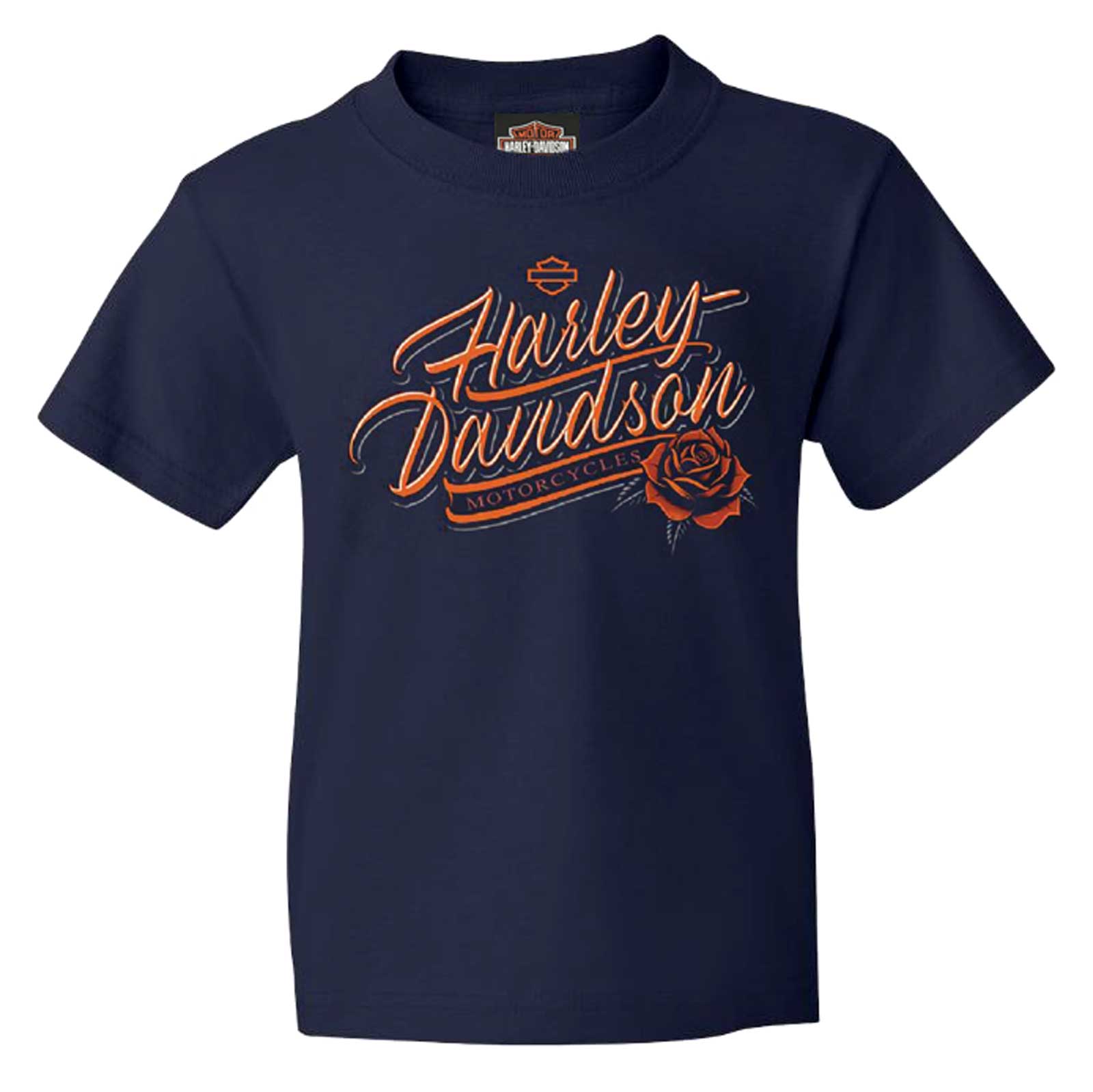 Harley-Davidson Girl's Floret Youth Short Sleeve Cotton Tee, Navy Blue - Wisconsin Harley-Davidson