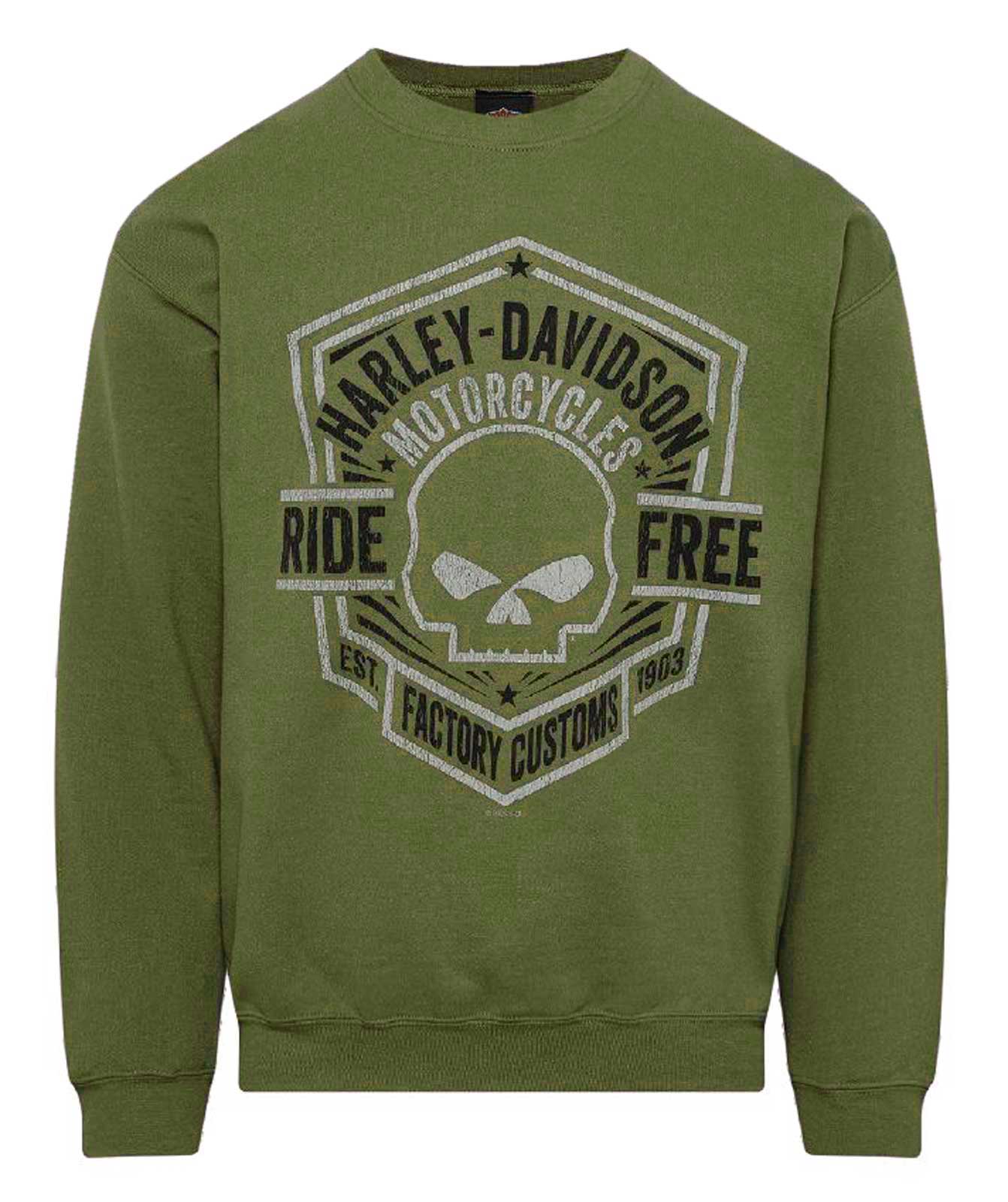 Harley-Davidson Mens Deception Willie G Skull Crew-Neck Pullover, Military Green - Wisconsin Harley-Davidson
