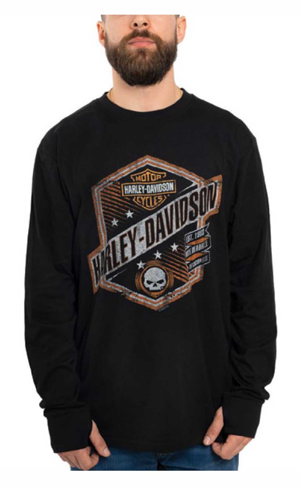Harley-Davidson Men's Underdog Long Sleeve Cotton Shirt w/ Thumbholes, Black - Wisconsin Harley-Davidson