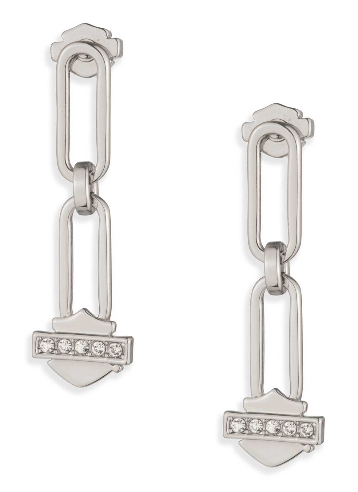 Harley-Davidson Women's Pave Crystal Bar & Shield Link Drop Earrings, Silver - Wisconsin Harley-Davidson