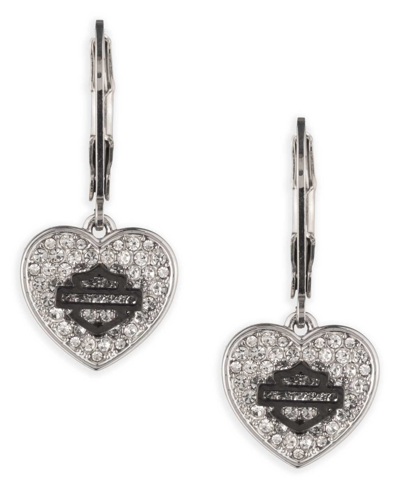 Harley-Davidson Women's Pave Crystal Bar & Shield Heart Drop Earrings, Silver - Wisconsin Harley-Davidson
