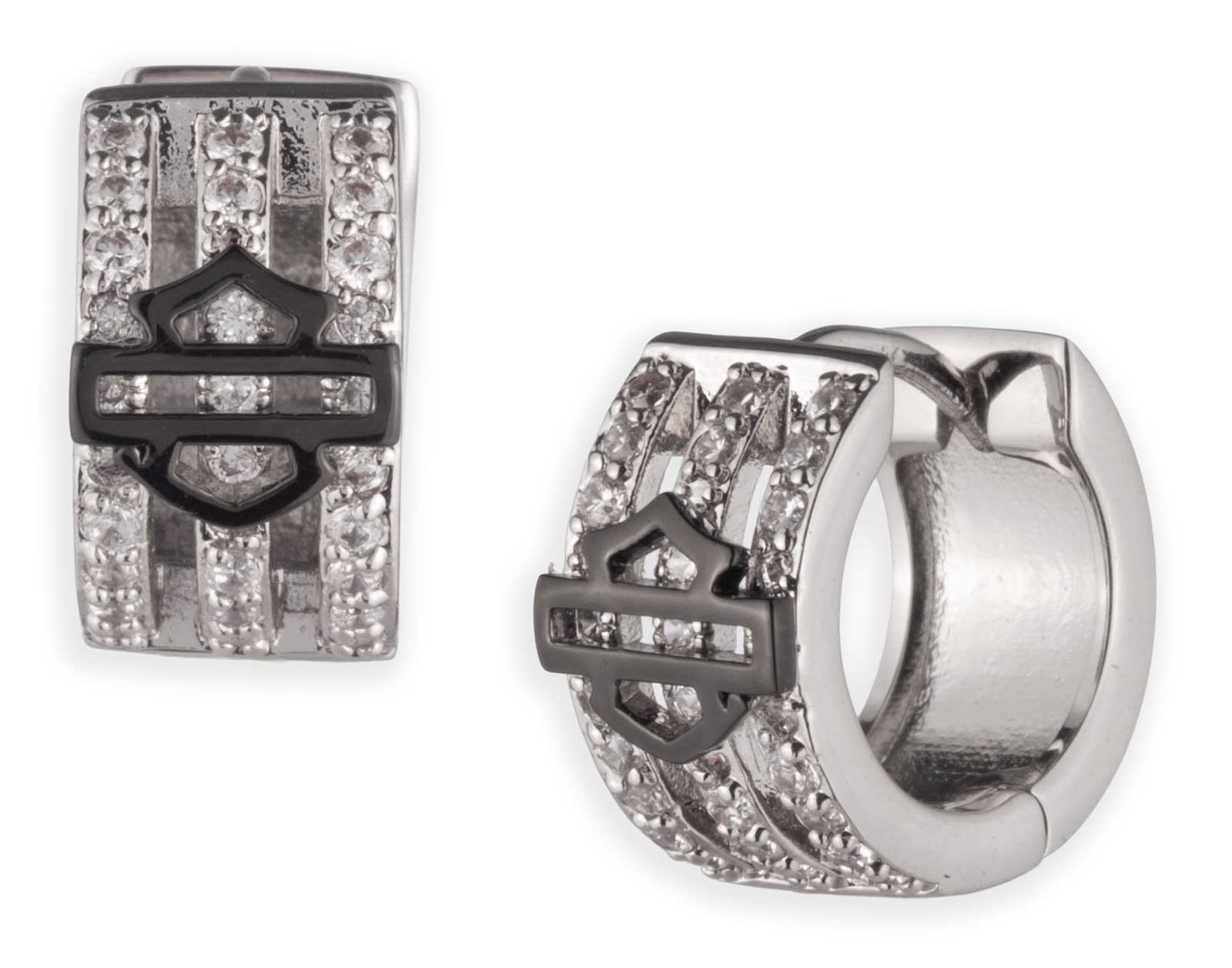 Harley-Davidson Women's Pave Crystal Bar & Shield Huggie Hoop Earrings, Silver - Wisconsin Harley-Davidson