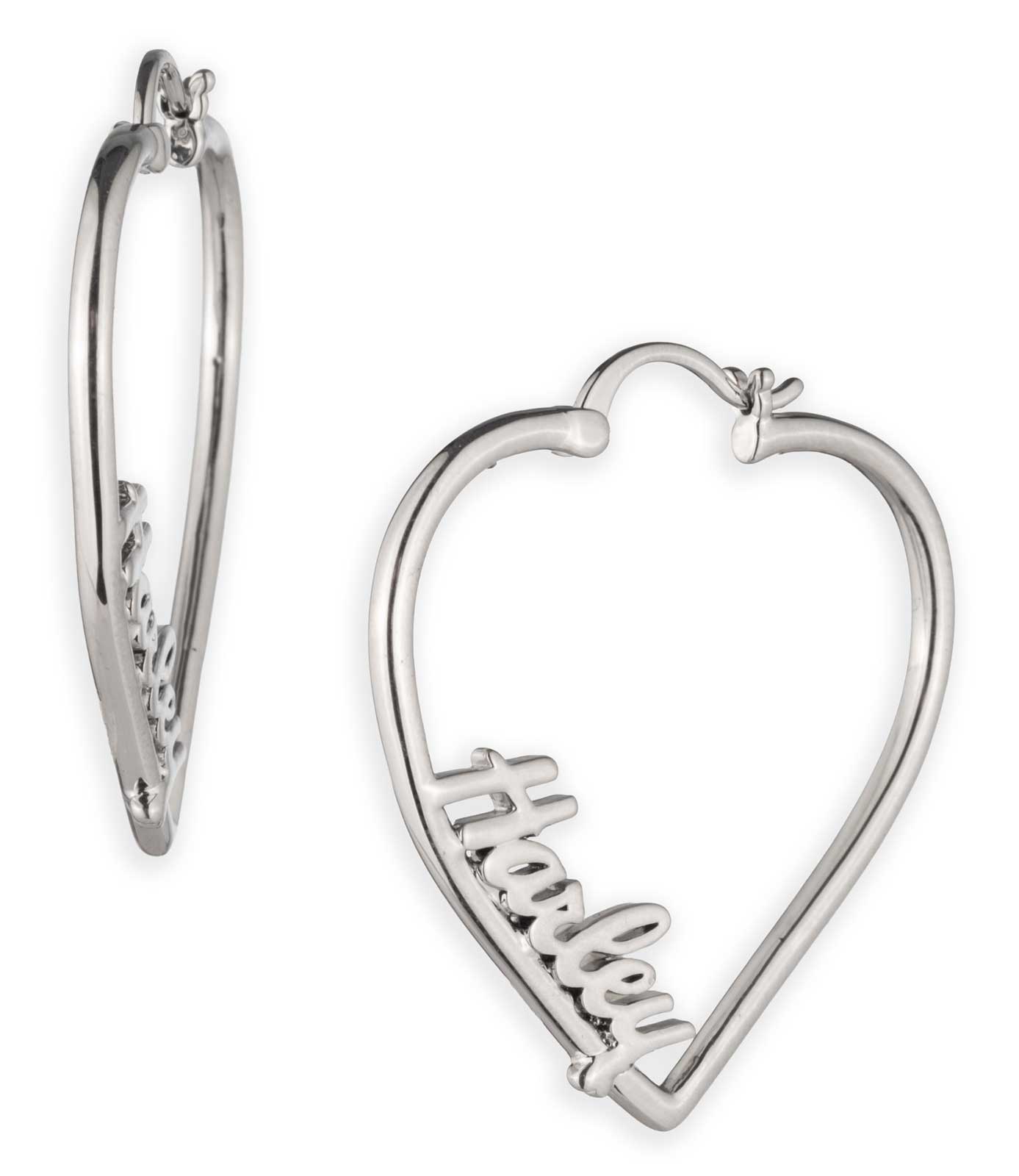 Harley-Davidson Women's Cursive Heart Hoop Earrings, Silver Tone Plating - Wisconsin Harley-Davidson
