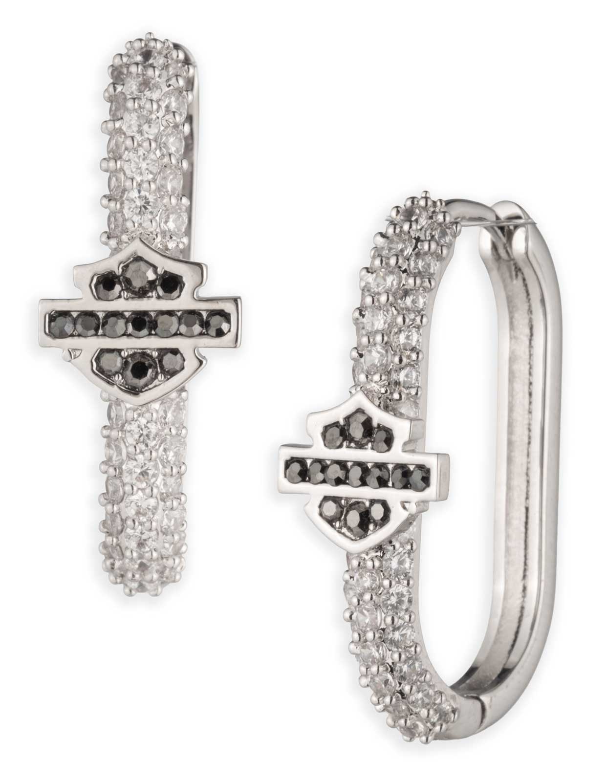 Harley-Davidson Women's Pave Crystal Bar & Shield Oval Hoop Earrings, Silver - Wisconsin Harley-Davidson