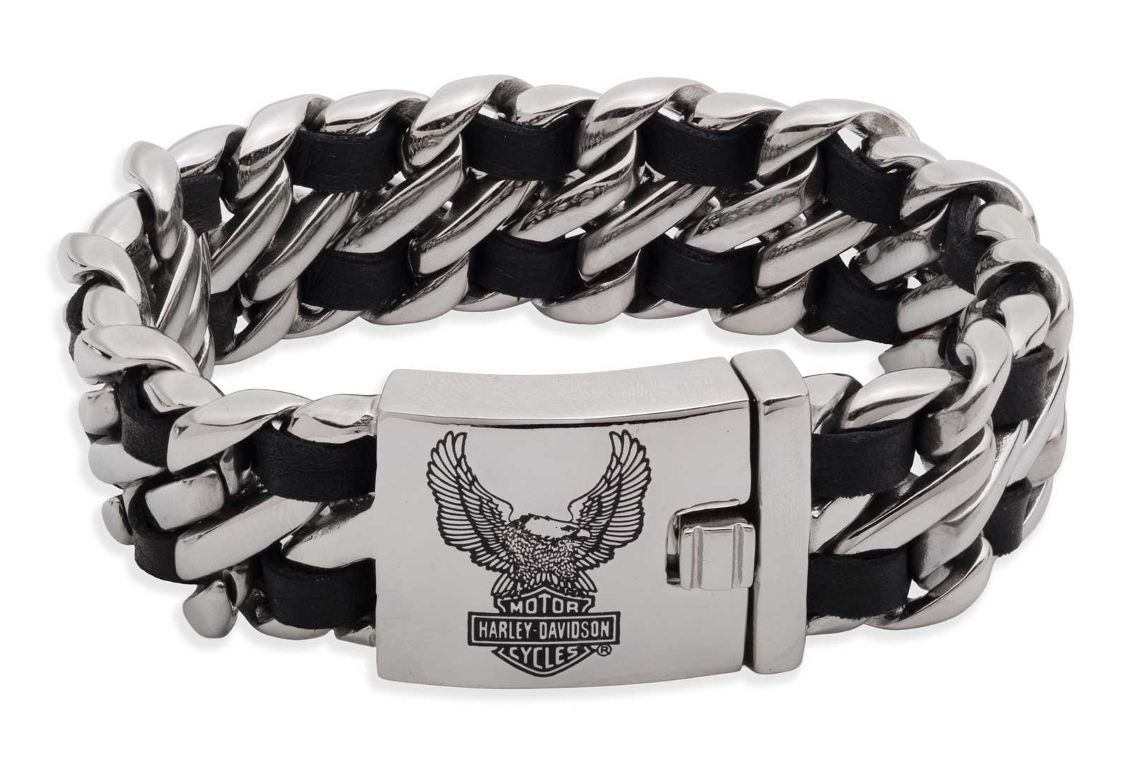 Harley-Davidson Men's B&S Flying Eagle Leather Stainless Steel Curb Bracelet - Wisconsin Harley-Davidson
