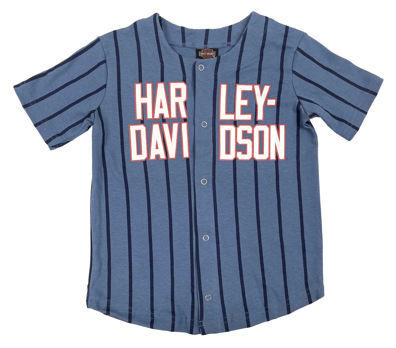 Harley-Davidson Boys' Striped Button Short Sleeve Baseball Shirt, Blue - Wisconsin Harley-Davidson