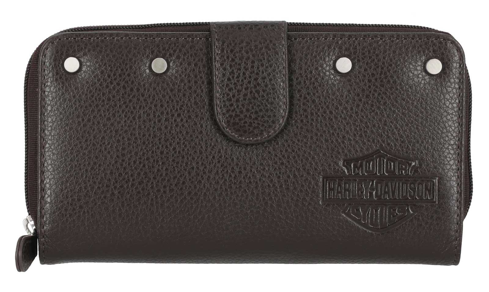 Harley-Davidson Women's Core Stud B&S Leather Tab Clutch Wallet, Dark Brown - Wisconsin Harley-Davidson