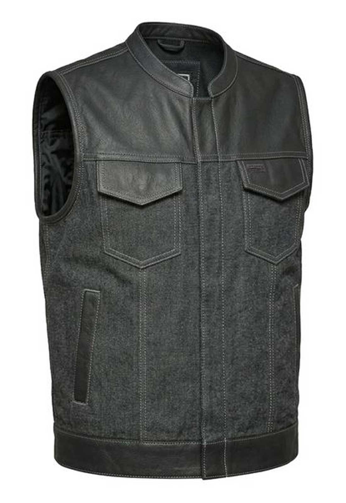 UNIK Men's Hybrid White Cotton Denim & Cowhide Leather Club Motorcycle Vest - Wisconsin Harley-Davidson