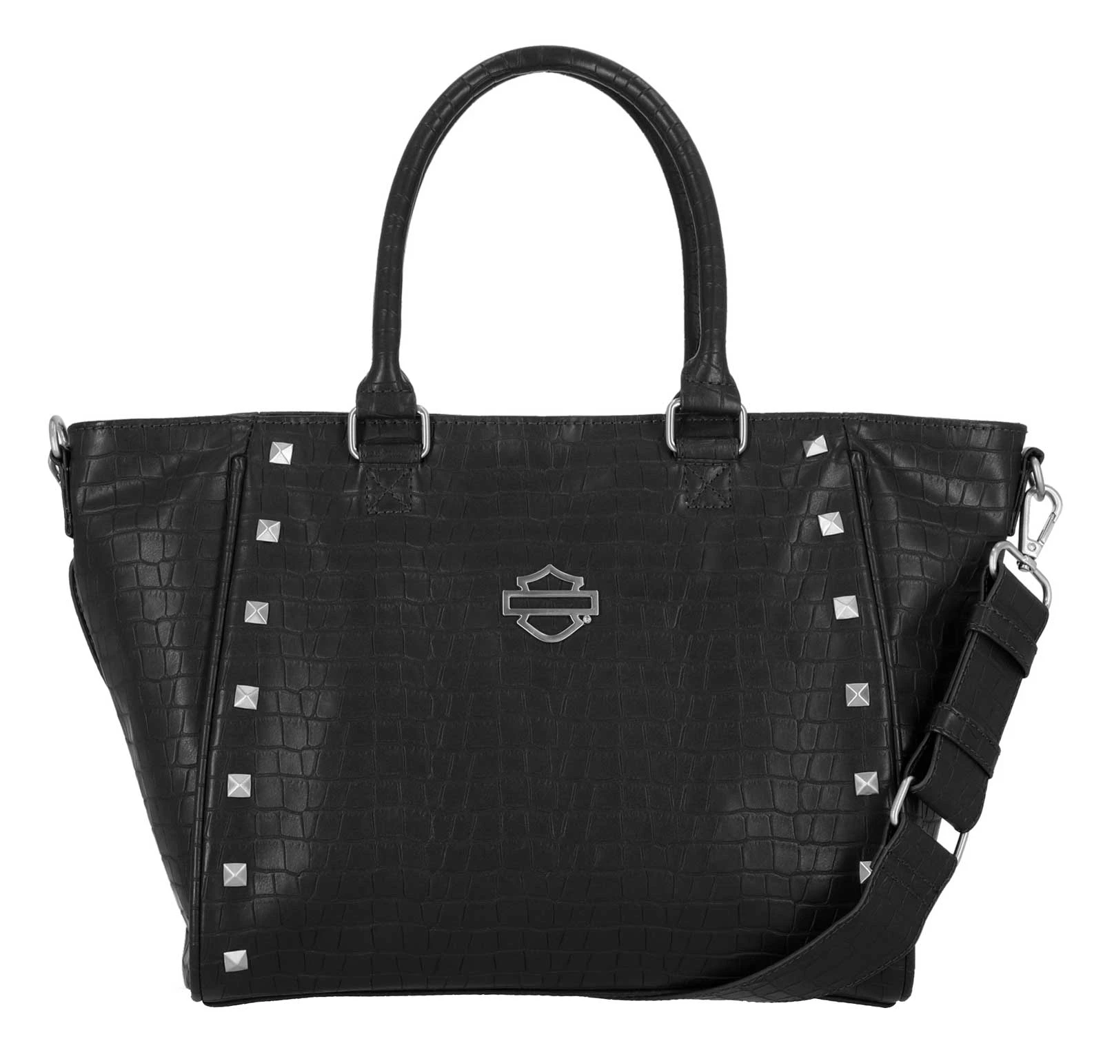 Harley-Davidson Women's Croco Embossed Shoulder Strap Satchel Purse, Black - Wisconsin Harley-Davidson