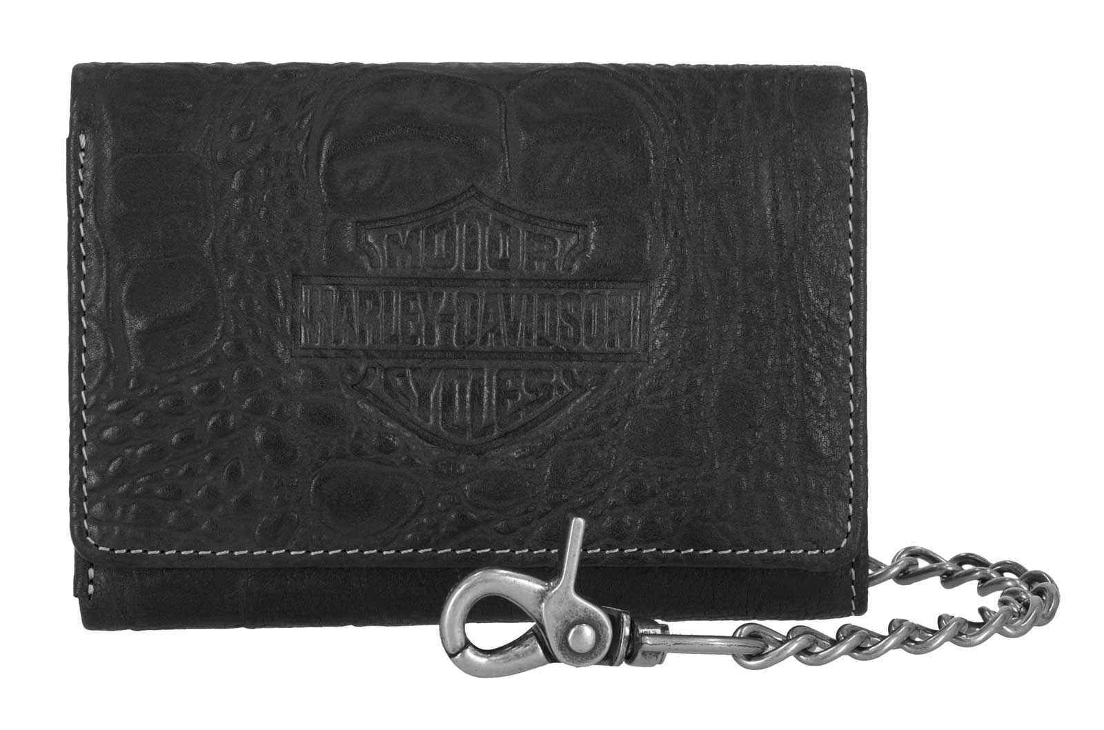 Harley-Davidson Men's Croco B&S Medium Leather Trifold Wallet w/ Chain, Black - Wisconsin Harley-Davidson