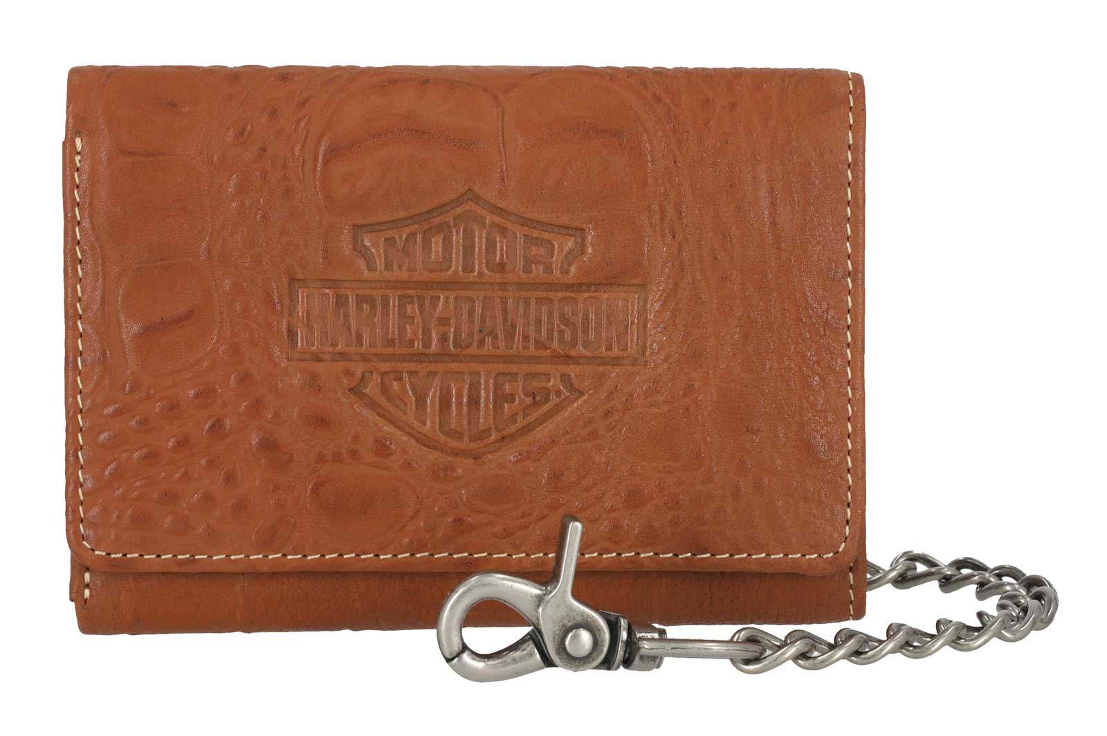 Harley-Davidson Men's Croco B&S Medium Leather Trifold Wallet w/ Chain, Brown - Wisconsin Harley-Davidson