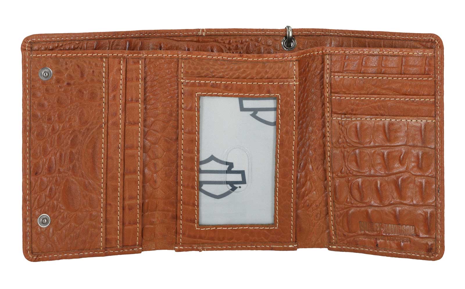 Harley-Davidson Men's Croco B&S Medium Leather Trifold Wallet w/ Chain, Brown - No Hassle Returns at Wisconsin Harley