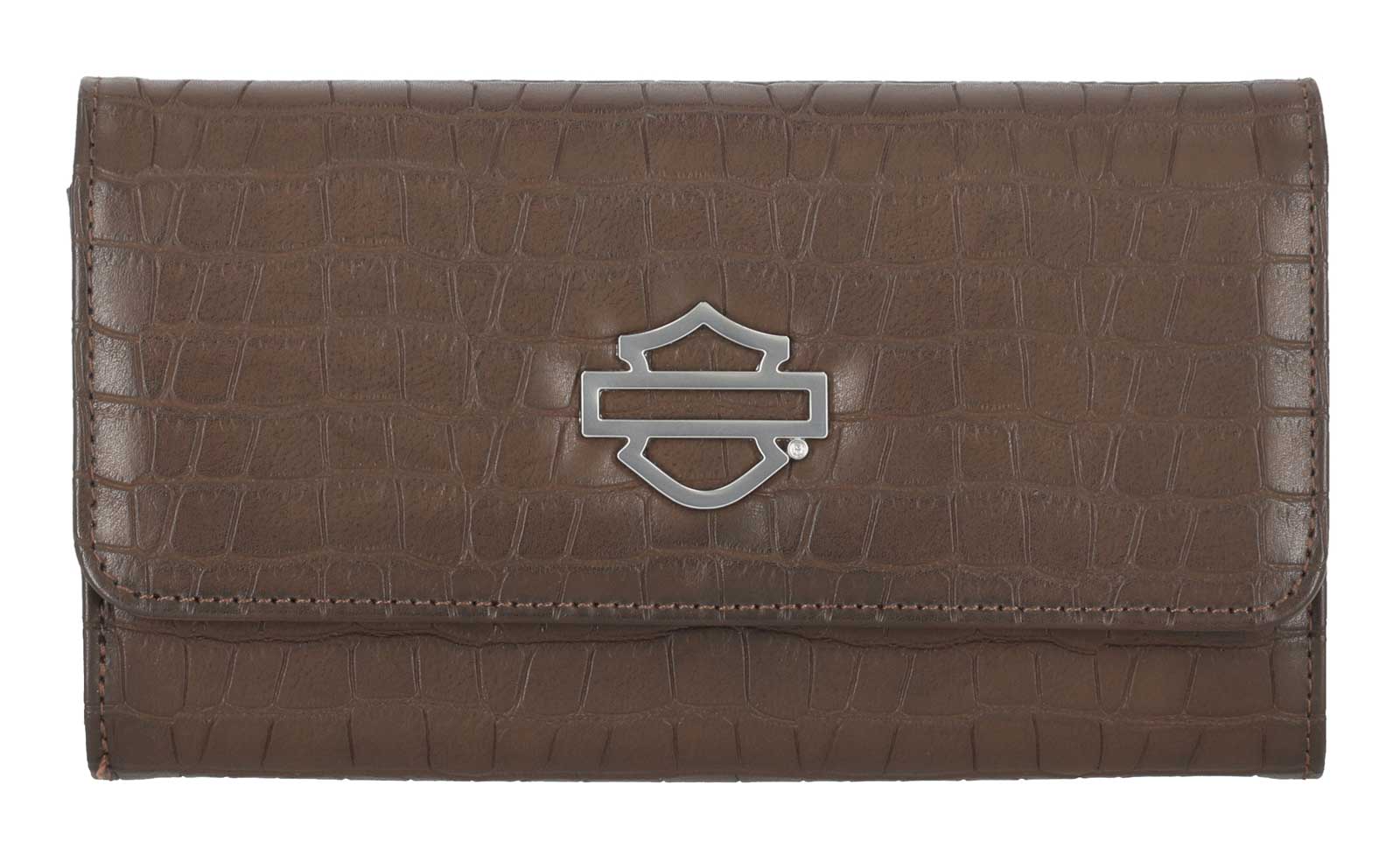Harley-Davidson Women's Metal Bar & Shield Embossed Croco Clutch Wallet, Brown - Wisconsin Harley-Davidson