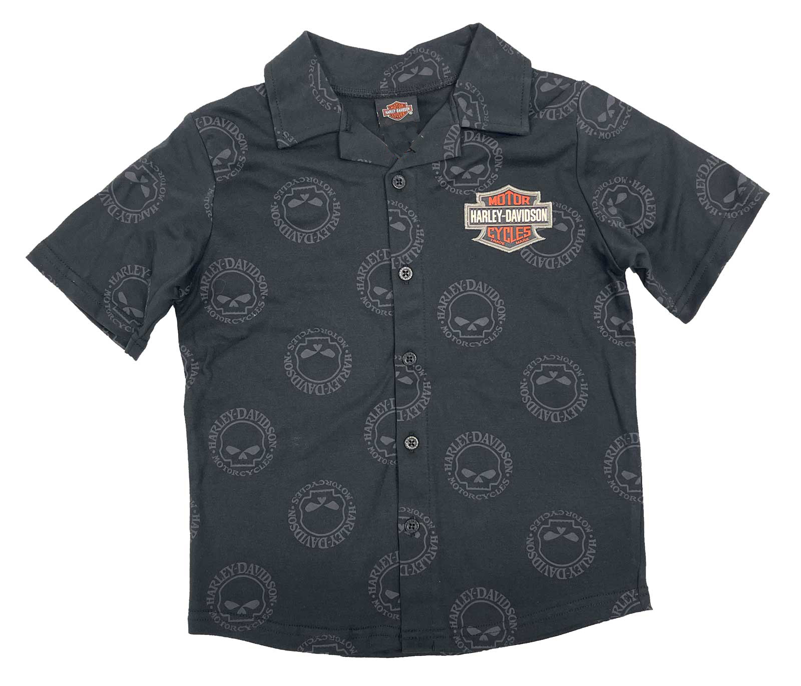 Harley-Davidson Boy's Willie G Skull Logos Printed Knit Button Shirt, Black - Wisconsin Harley-Davidson