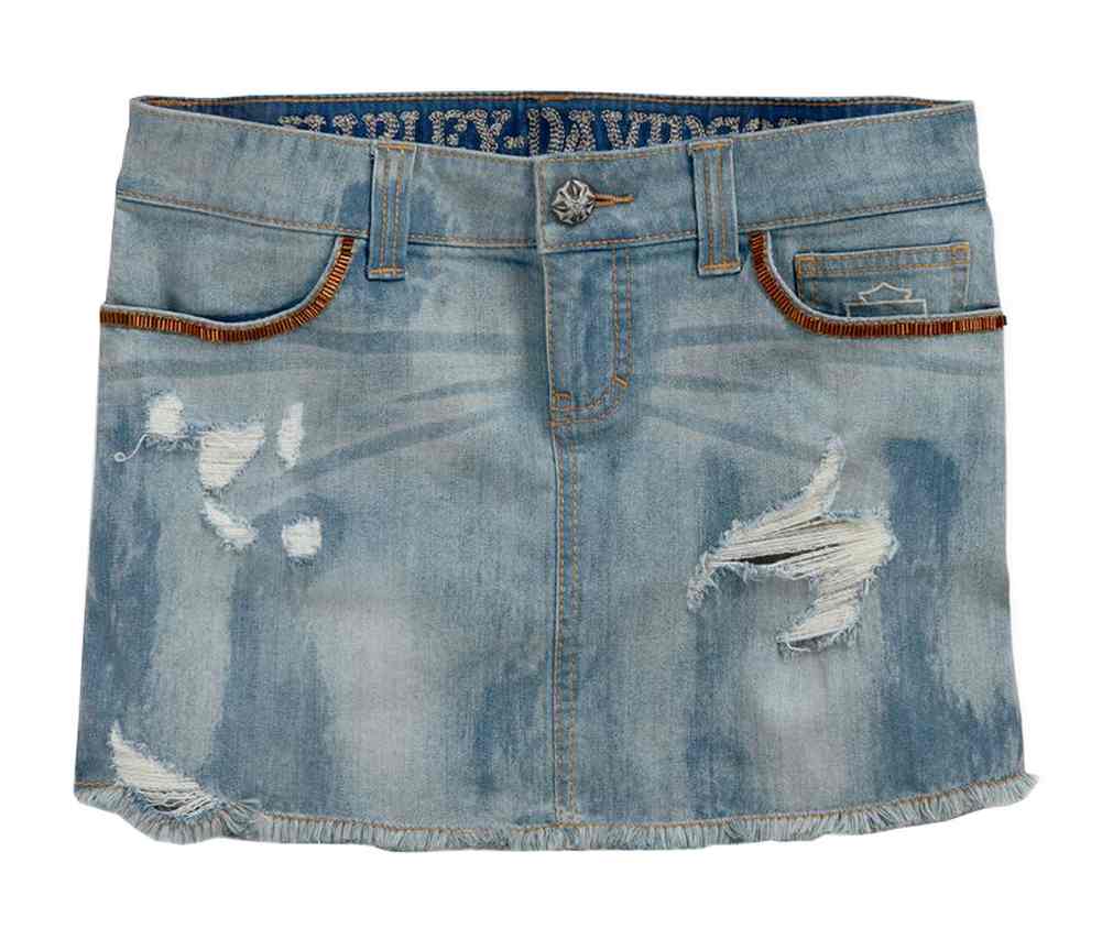 Harley-Davidson Women's Beaded Denim Frayed Jean Skirt, Light Blue 96005-15VW - Wisconsin Harley-Davidson