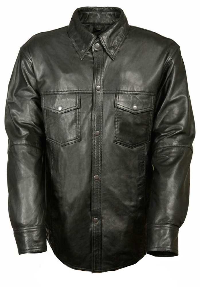Men's Lambskin Leather Shirt w/ Snap Down Collar in Black | Size: Large | LKM1600 by Leather King