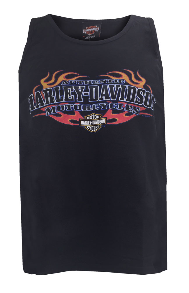 Harley-Davidson Men's Sleeveless Muscle Tee, Authentic Flaming H-D Script, Black - Wisconsin Harley-Davidson