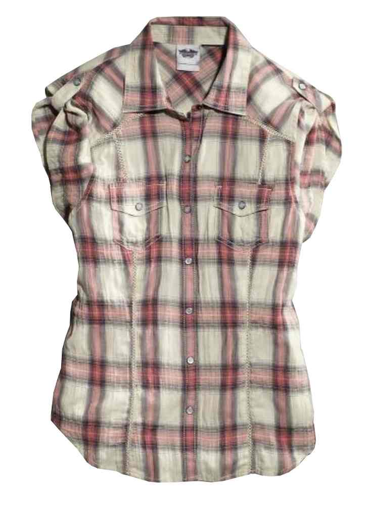 Harley-Davidson Women's Lace Inset Plaid Shirt, Cream/Rose. 96054-15VW - Wisconsin Harley-Davidson