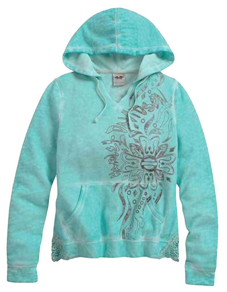 Harley-Davidson Women's Crocheted Accent Pullover Hoodie, Aqua Splash 96019-15VW - Wisconsin Harley-Davidson