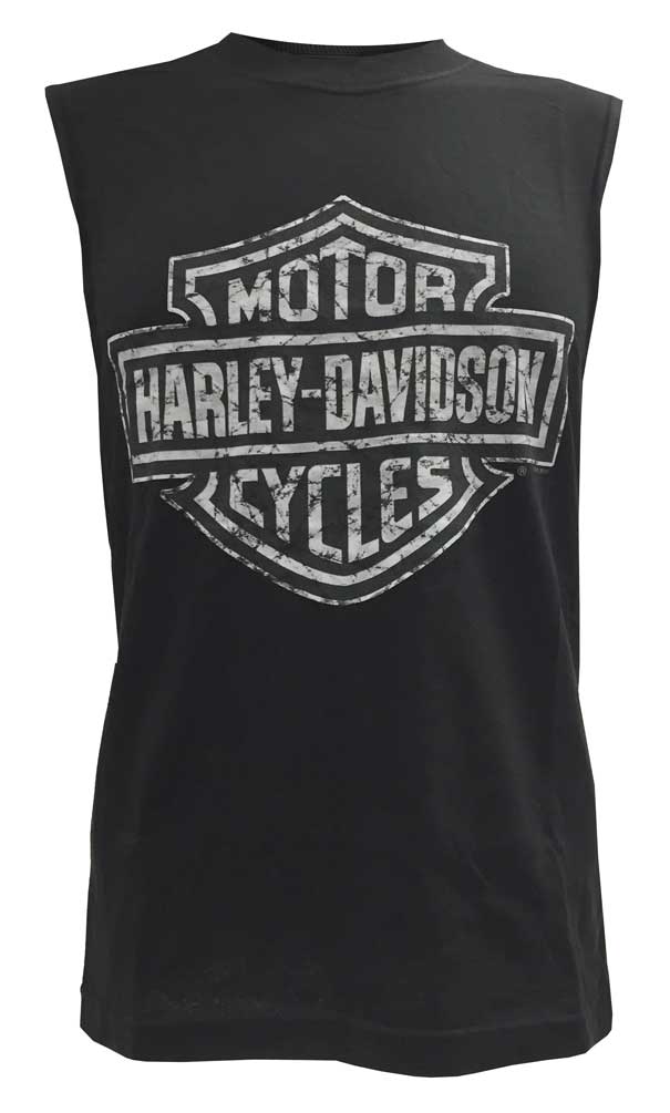 Harley-Davidson Mens Sleeveless Muscle Tee, Distressed Tonal Bar & Shield, Black - Wisconsin Harley-Davidson