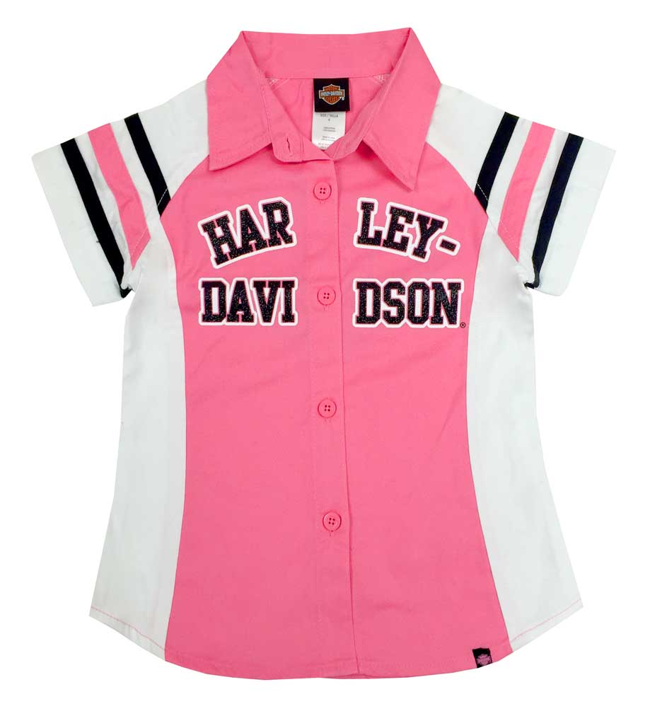 Harley-Davidson Little Girls' Glittery Short Sleeve Shop Shirt, Pink 1020571 - Wisconsin Harley-Davidson