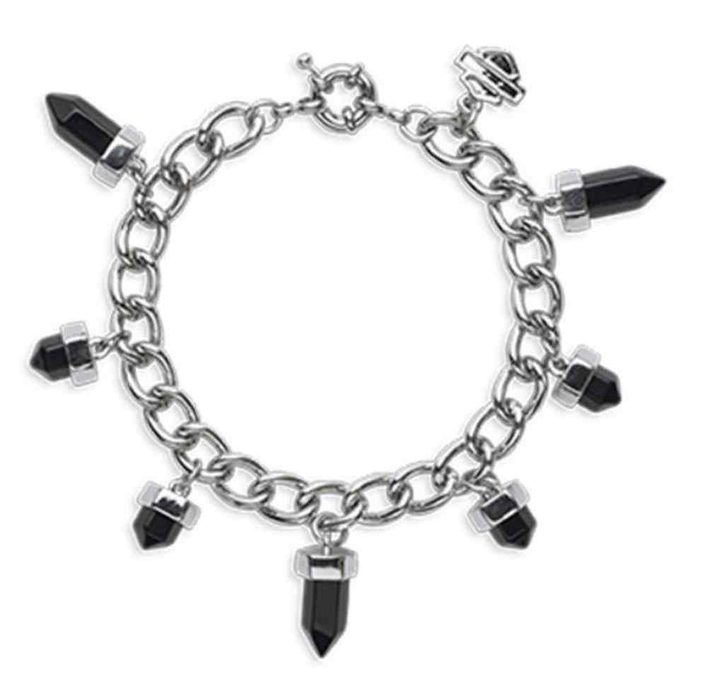Harley-Davidson Women's Black Gemstone Bar & Shield Charm Bracelet 97768-16VW - Wisconsin Harley-Davidson