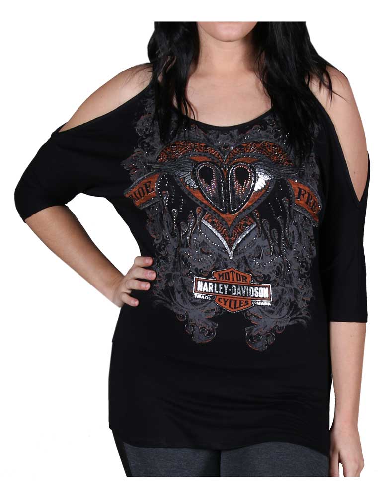 Harley-Davidson Women's Shirt, Embellished Cold Shoulder Freedom 3/4 Sleeve Tee - Wisconsin Harley-Davidson