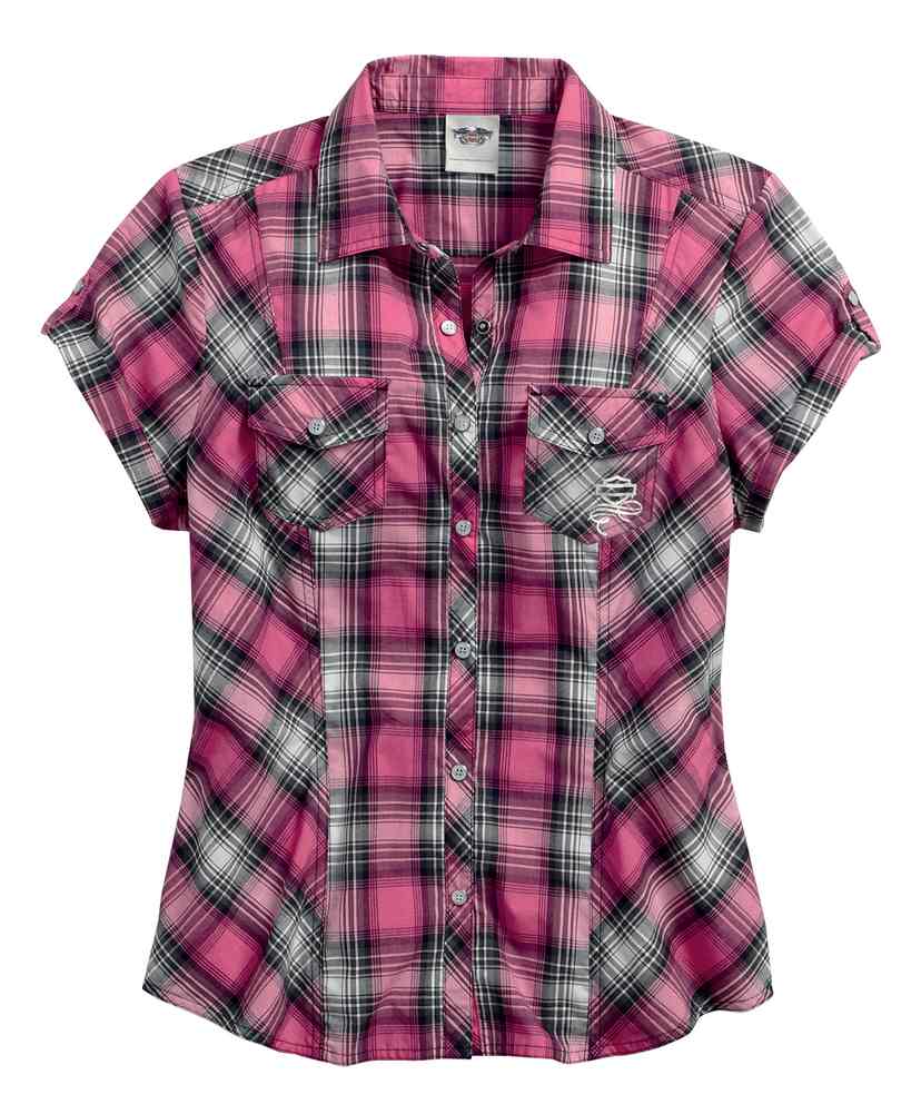Harley-Davidson Women's Pink Label Metallic Short Sleeve Plaid Shirt 99168-16VW - Wisconsin Harley-Davidson