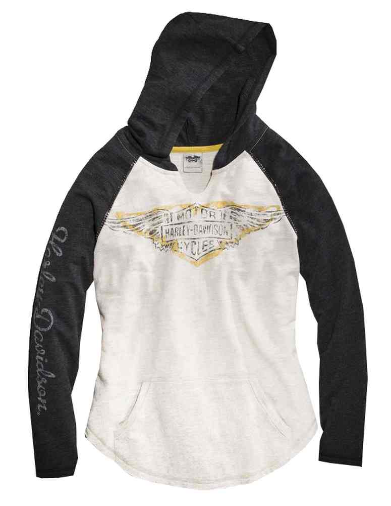 Harley-Davidson Women's Distressed Chain Accent Raglan Hoodie, White 96226-16VW - Wisconsin Harley-Davidson