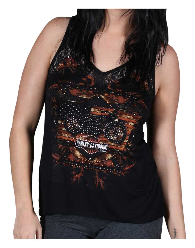 Harley-Davidson Women's Tank Top, Embellished Rhinestones American Flag, Black - Wisconsin Harley-Davidson