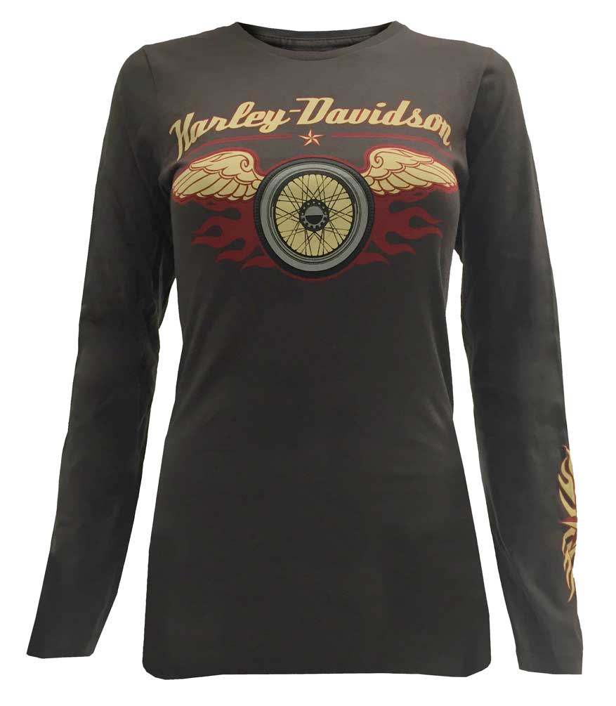 Harley-Davidson Women's Long Sleeve Shirt, Retro Star Winged Wheel, Chocolate - Wisconsin Harley-Davidson