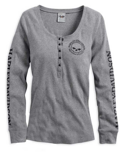 Harley-Davidson® Womens L/S Skull Snap Front Henley Tee, Heather