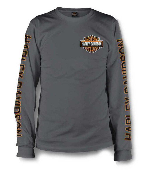 Harley-Davidson® Men's Long Sleeve Orange Bar & Shield Grey Shirt