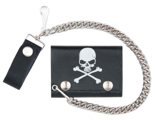Genuine Leather Men's Skull & Crossbones Tri-Fold Chain Wallet