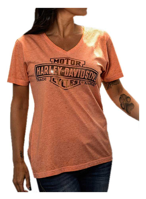 Harley Davidson® Womens Foiled Bar And Shield V Neck Short Sleeve Tee Coral Wisconsin Harley 