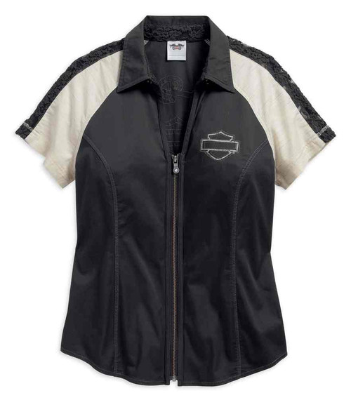Harley-Davidson® Women's Lace Accent Zip Front Short Sleeve