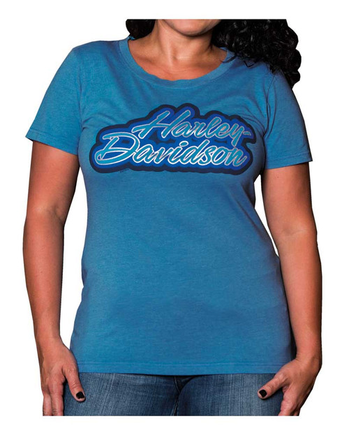 Harley Davidson® Womens Outlined Foiled Round Neck Short Sleeve Tee Blue Wisconsin Harley 