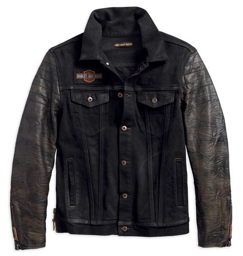 Harley-Davidson® Men's Leather Sleeve Denim Slim Fit Jacket, Black
