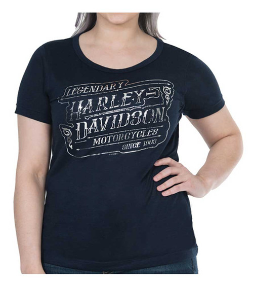 Harley Davidson® Womens Chrome Highway Foiled Short Sleeve Tee Navy Blue Wisconsin Harley 