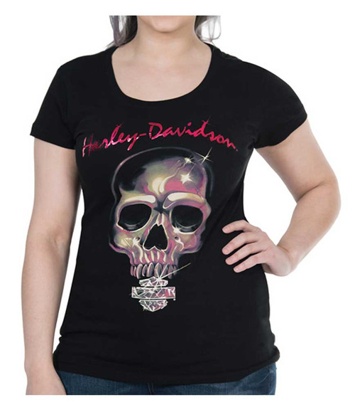 Harley Davidson® Womens Bling Skull Foiled Short Sleeve Scoop Neck Tee Black Wisconsin 