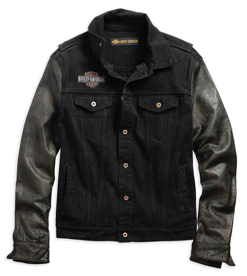 Harley-Davidson® Men's Leather Sleeve Slim Fit Denim Jacket, Black