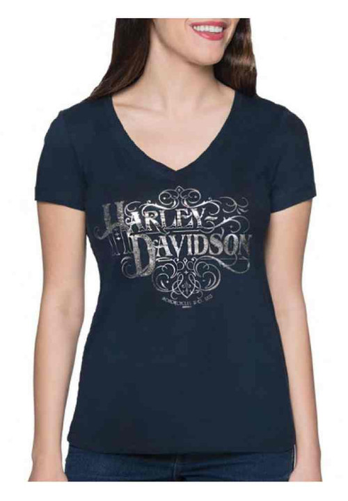 Harley Davidson® Womens Craftsman Foiled V Neck Short Sleeve Tee Midnight Navy Wisconsin 